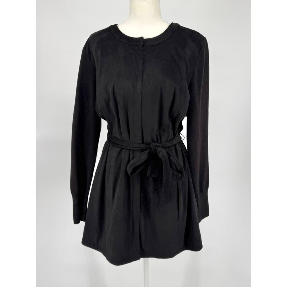 H by Halston Womens 12 Black Faux Suede Tunic Top Belted Zip Front Knit Sleeve